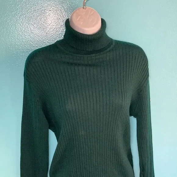 Jaeger Womens Size M Vintage Fitted Green Wool Rib Knit Pullover Turtleneck Top - Picture 9 of 11
